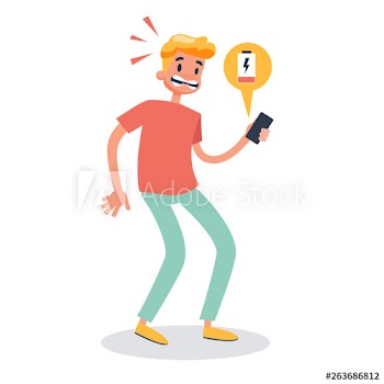 Man looking in panic at the phone with low battery