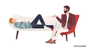 Man lying on coach and male psychologist, psychoanalyst or psychotherapist sitting beside and providing psychological aid