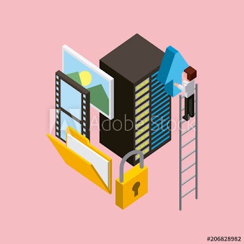 man on stair with arrow upload database cyber security cloud computing storage isometric vector illustration