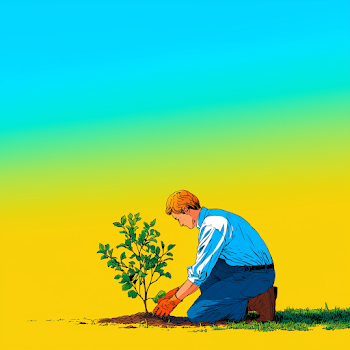Man Planting a Young Tree in Bright Background