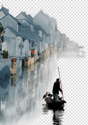 Man riding on boat near concrete buildings painting, Lazai Idea Art , Water town transparent background PNG clipart