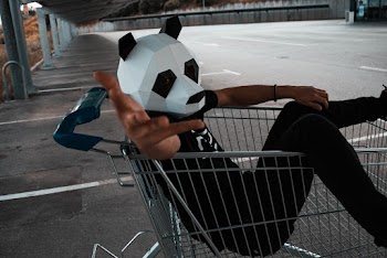 Man Riding Shopping Cart