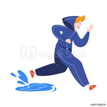 Man running under the rain stepping on puddles
