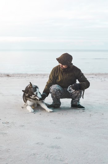 Man Sitting Beside Of Dog