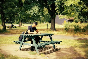 Man Sitting  on a Green Picnic Table Reading a Book