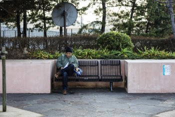 Man Sitting on Bench Using Mobile Phone
