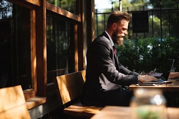 man sitting on chair holding laptop