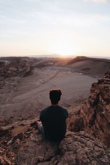 man sitting on cliff facing open field during daytime