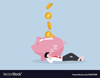 man sleeping near piggy bank with dollar coin flow