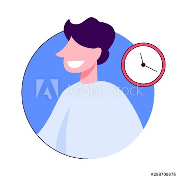 Man smiling, clock above