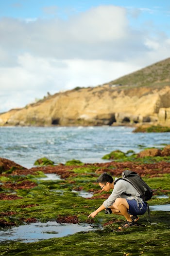 Man Squatting on Shore and Pointing at Body of Water