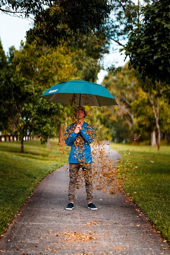 Man Standing and Using Blue Umbrella on Concrete Road Covered With Brown Leaves