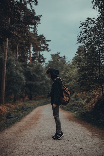 Man Standing in Road Surrounded by Trees