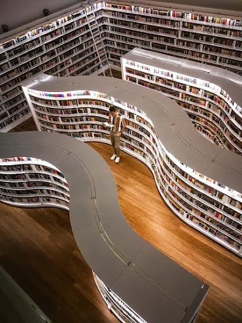 Man Standing Inside Library While Reading Book