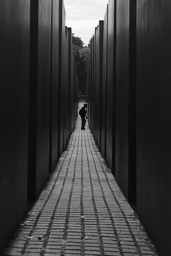 Man Standing on Brick Pathway Between Tall Walls