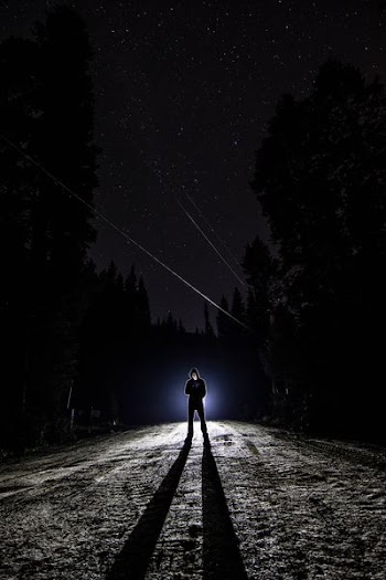 man standing on pathway during nighttime