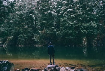 man standing on rock facing body of water surrounded with trees