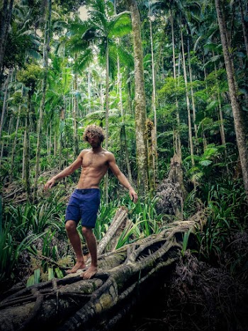 Man Standing on Wood Log