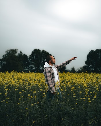 Man Standing Surrounded With Yellow Flowers