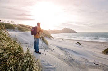 Man Stands on White Sand Beach
