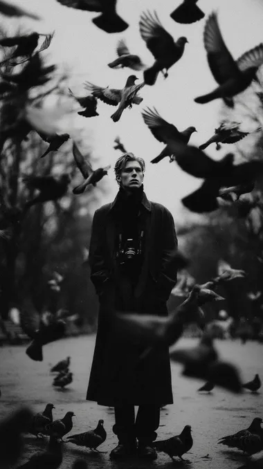 Man Surrounded by Birds in a Black-and-White Park Setting Man Surrounded by Birds in a Black-and-White Park Setting