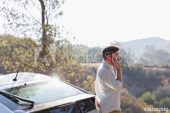 Man using smart phone outside car on sunny roadside