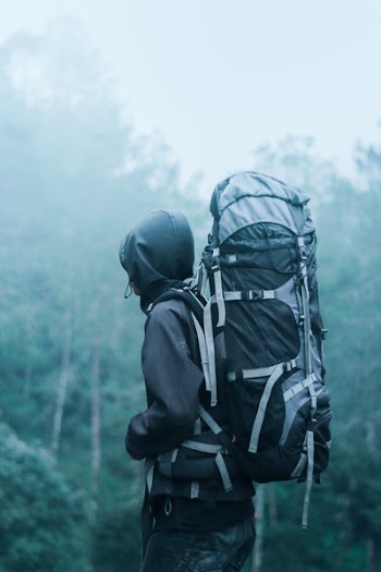 Man Wearing Black Hoodie Carries Black and Gray Backpacker Near Trees during Foggy Weather