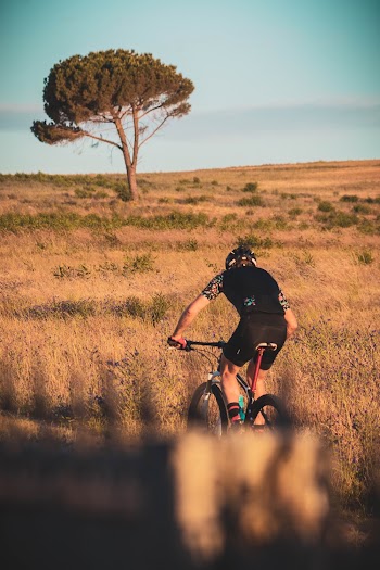 Man Wearing Black Shirt and Black Cycling Short Riding Red Hardtail Bike