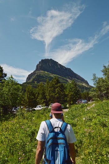 Man Wearing Blue Backpack Walking Between Plants