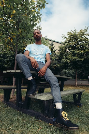 Man Wearing Blue Crew-neck T-shirt