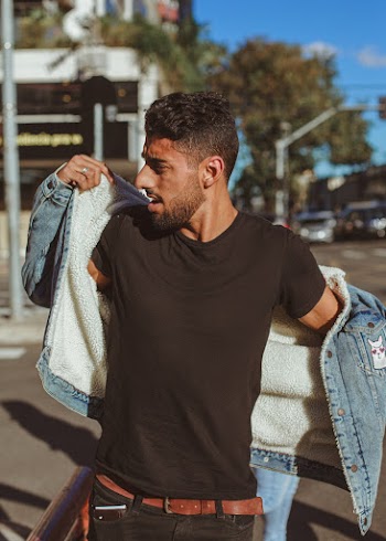 Man Wearing Blue Denim Jacket