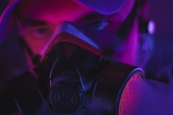 man wearing gas mask