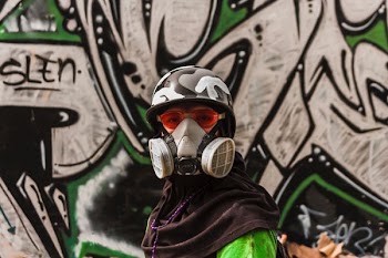 man wearing gas mask