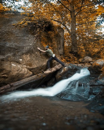 Man Wearing Green Shirt Stepping On Brown Log