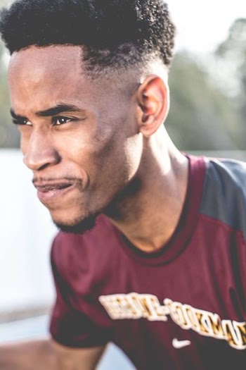 Man Wearing Maroon and Grey Crew-neck T-shirt