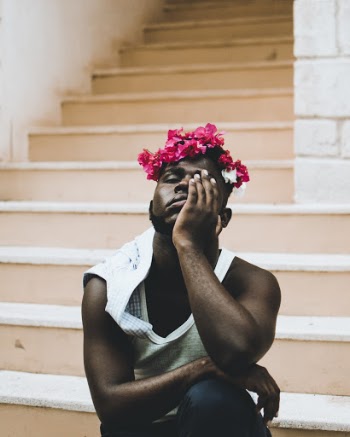 Man Wearing Purple Rose Flower Headband
