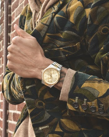 Man Wearing Round Two-tone Watch