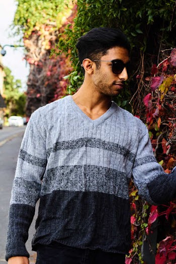 Man Wears Gray V-neck Sweater and Black Frame Sunglasses Standing Near Red Flower