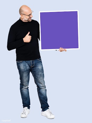 Man with a blank blue square board | Free stock psd mockup - 493253