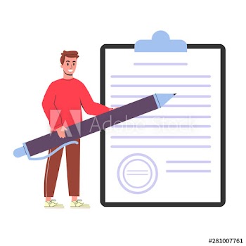 Man with a pen standing at the big paper sheet