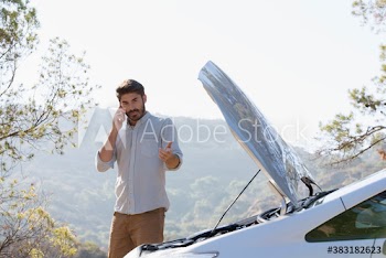 Man with car breakdown calling for help at sunny roadside