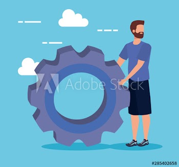 man with gear industry and clouds over blue background