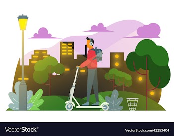 man with headphones riding a scooter at night