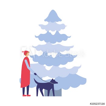 man with her dog and pine tree winter season