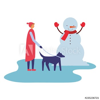 man with her dog and snowman winter