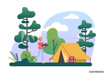 Man with log pile standing at the camping tent
