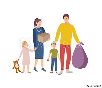 Man, woman and children carrying bag and box with old items and clothes to donate it to charity organization