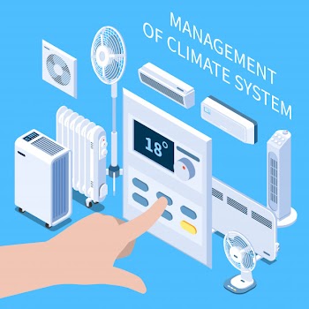 Management of climate system isometric composition with human hand setting temperature mode on control panel for air conditioner Free Vector