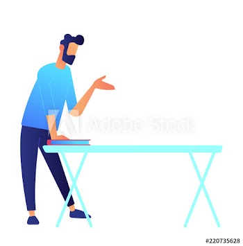 Manager standing at table, pointing with hand and speaking in office vector illustration