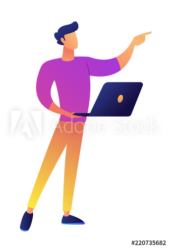 Manager standing with laptop and pointing with finger vector illustration